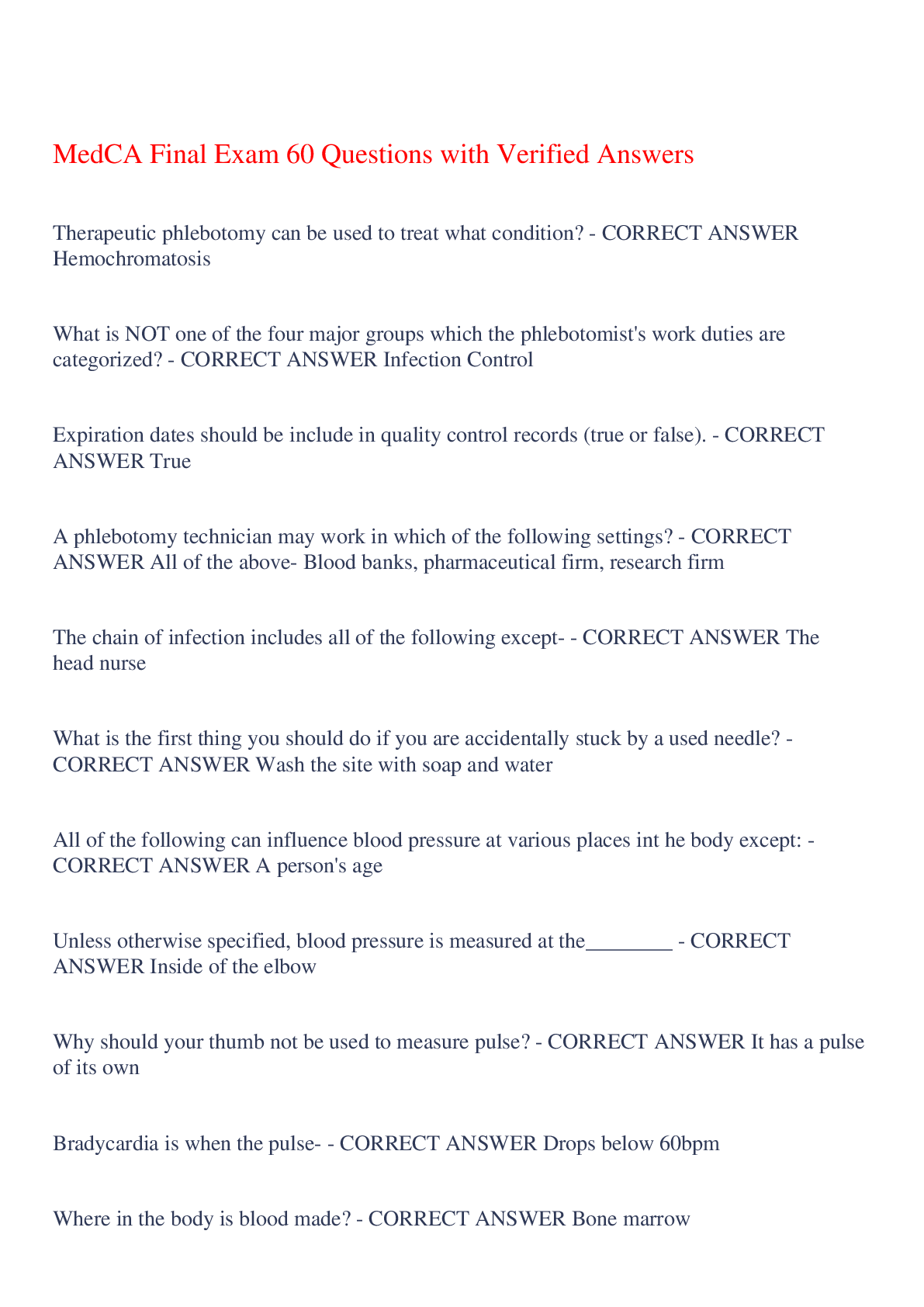 Preview image for MedCA Final Exam 60 Questions with Verified Answers,100% CORRECT
