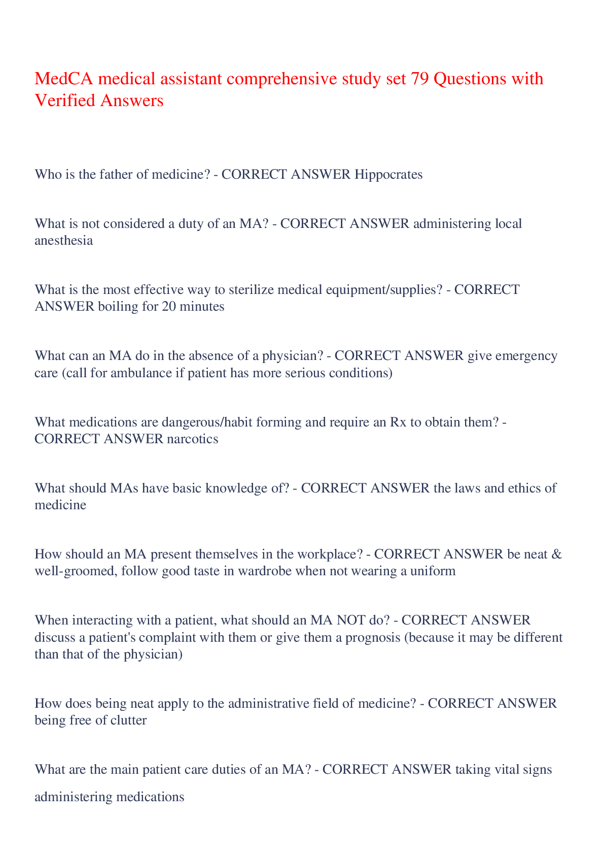 Preview image for MedCA medical assistant comprehensive study set 79 Questions with Verified Answers,100% CORRECT