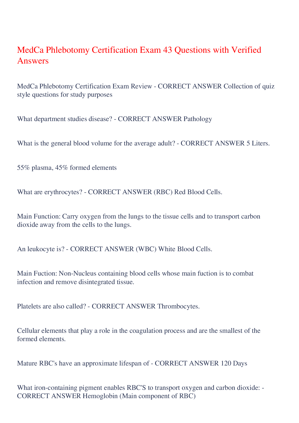 Preview image for MedCa Phlebotomy Certification Exam 43 Questions with Verified Answers,100% CORRECT