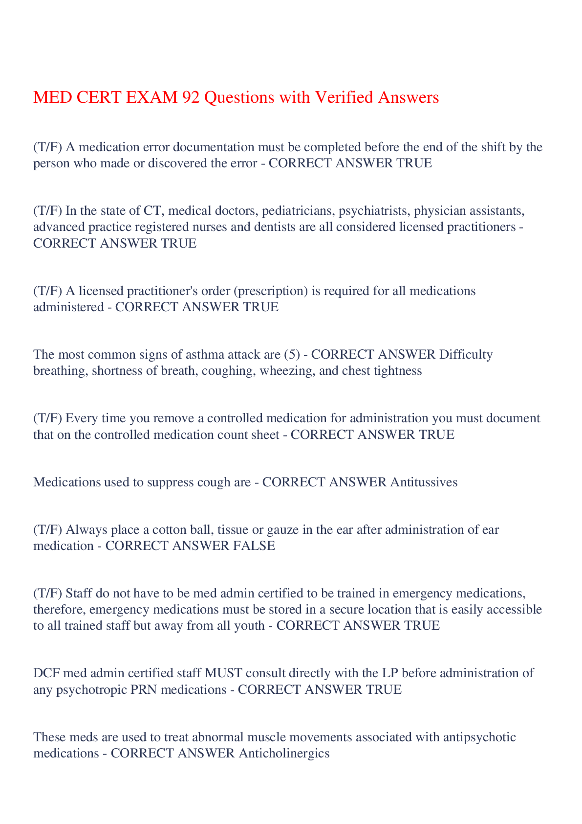 Preview image for MED CERT EXAM 92 Questions with Verified Answers,100% CORRECT