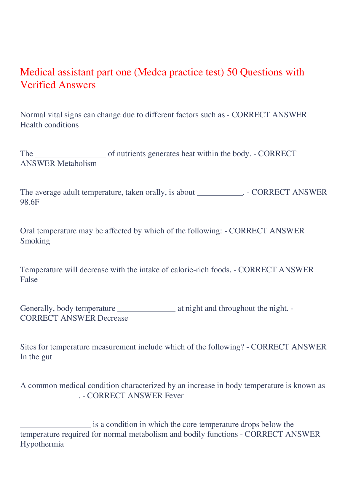 Preview image for MedCA Medical Assistant Specialty fields Questions with Verified Answers,100% CORRECT