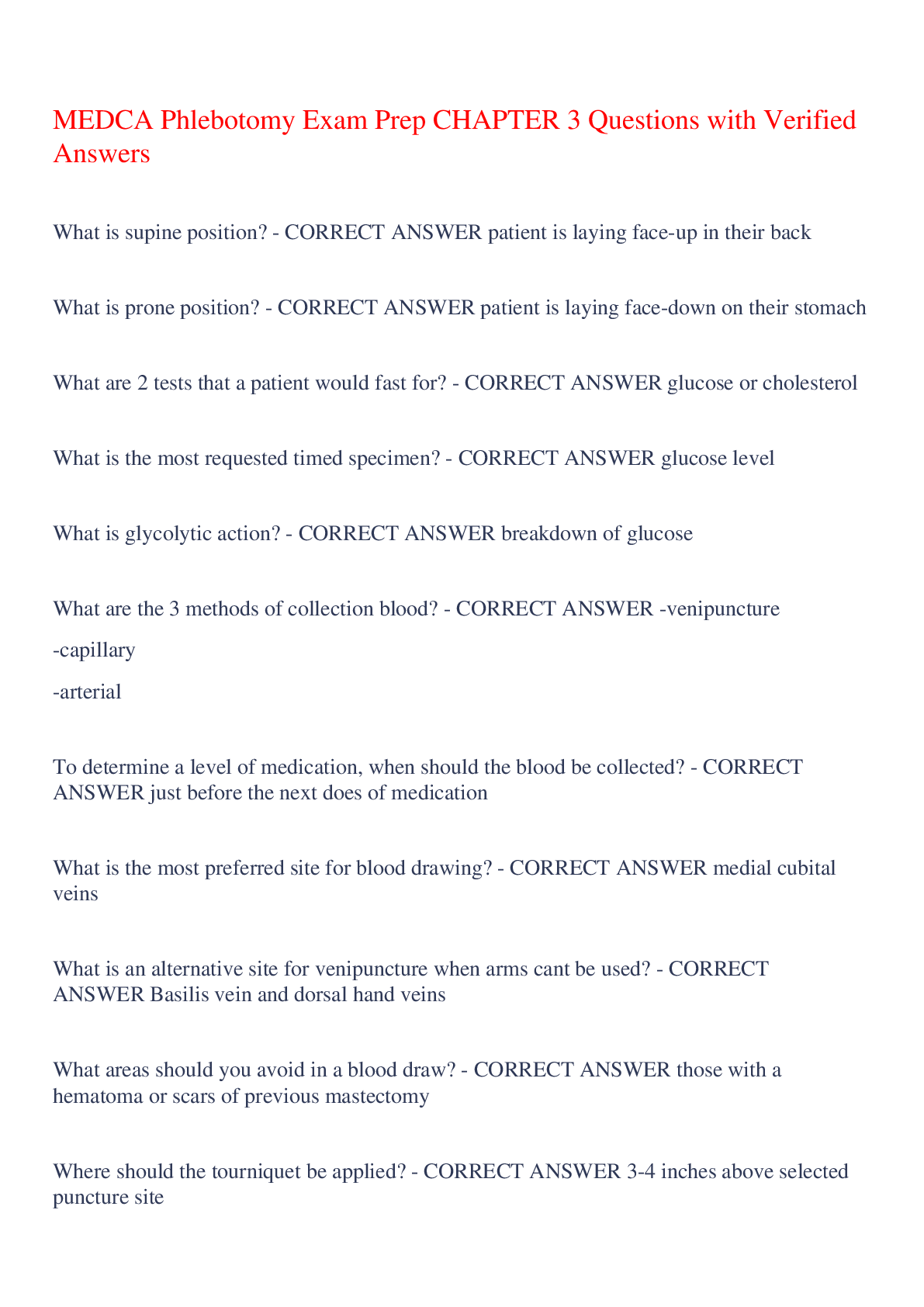 Preview image for MEDCA Phlebotomy Exam Prep CHAPTER 3 Questions with Verified Answers,100% CORRECT