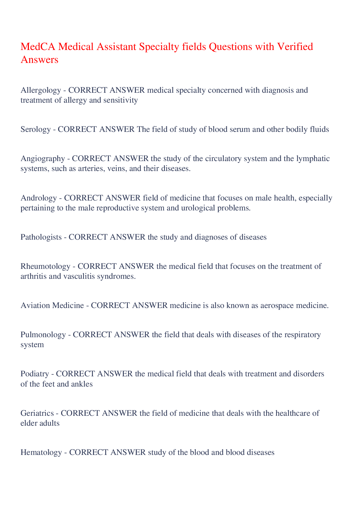 Preview image for MedCA Medical Assistant Specialty fields Questions with Verified Answers,100% CORRECT