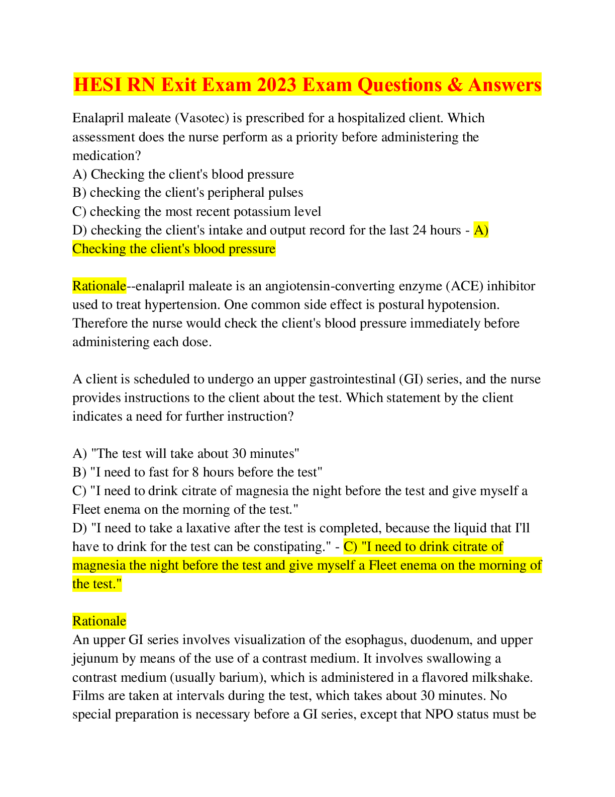 Preview of HESI RN Exit Exam 2023 Exam Questions &amp; Answers
