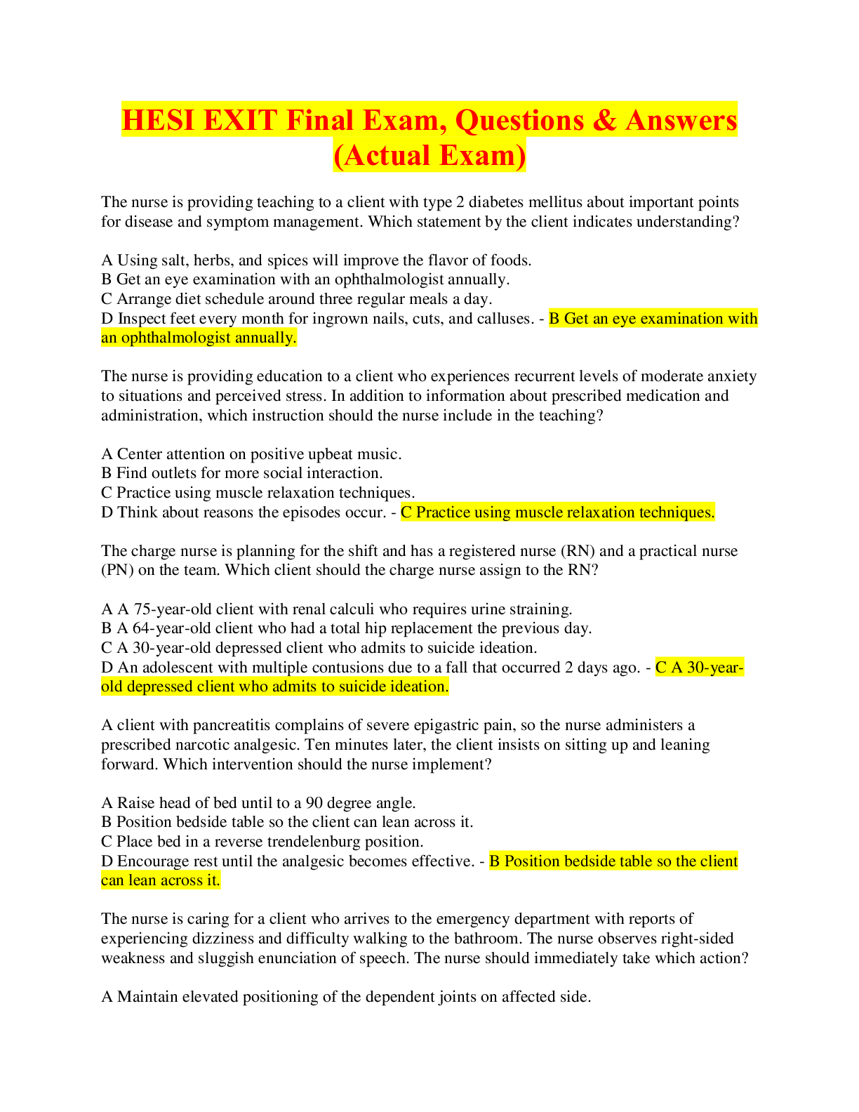 Preview of HESI EXIT Final Exam, Questions &amp; Answers (Actual Exam)