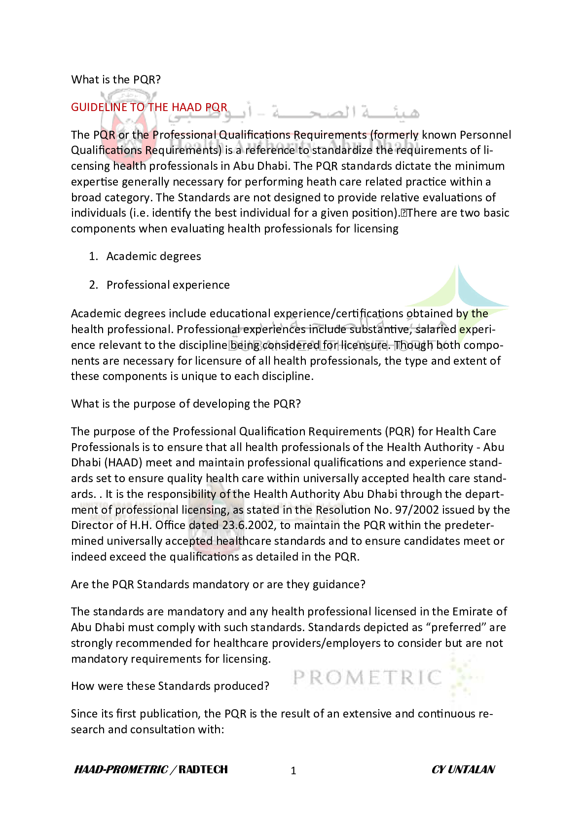 Preview image of EXAM TO THE HAAD PQR document