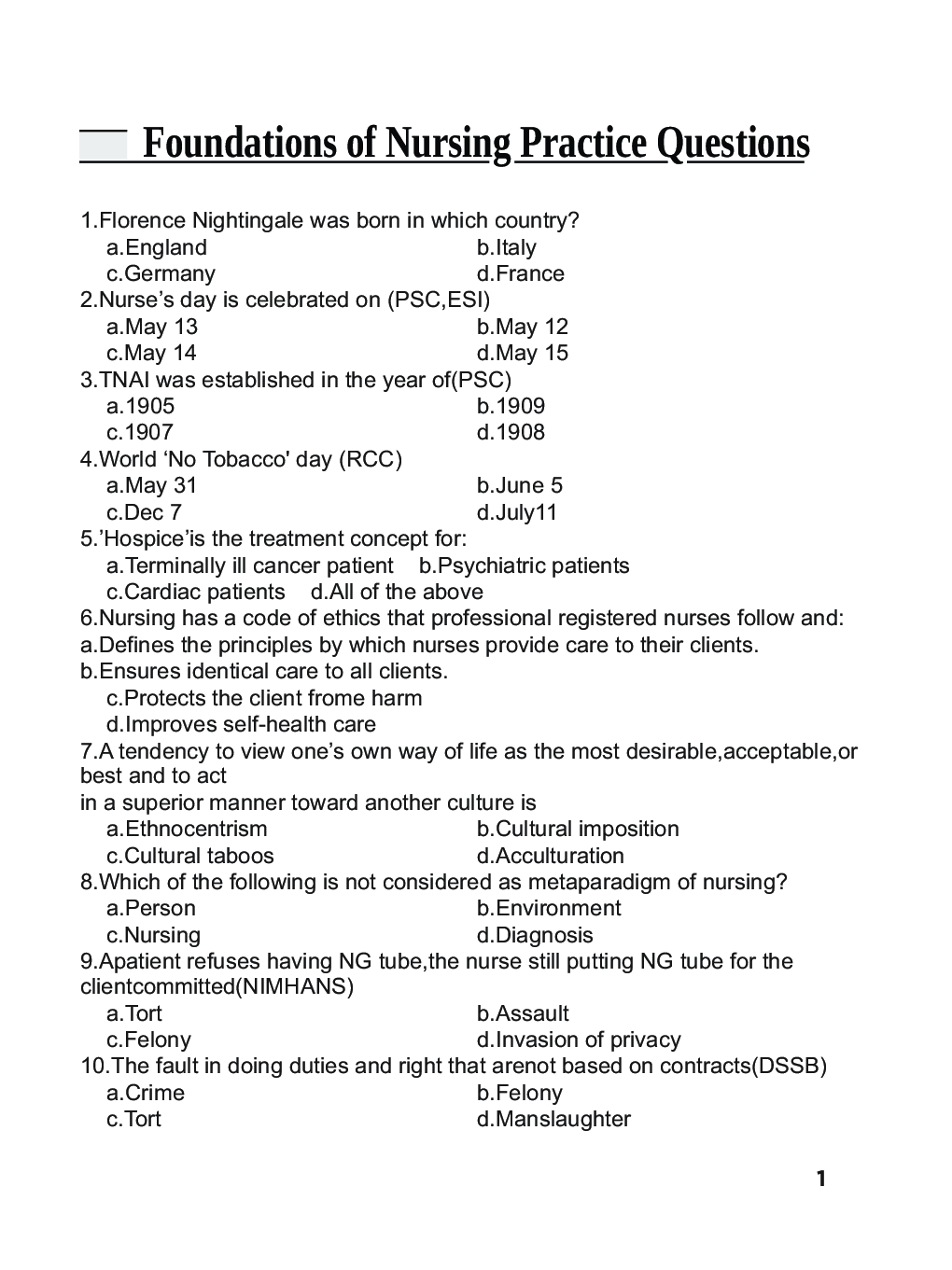 Preview of Foundations of Nursing Practice Questions 2023
