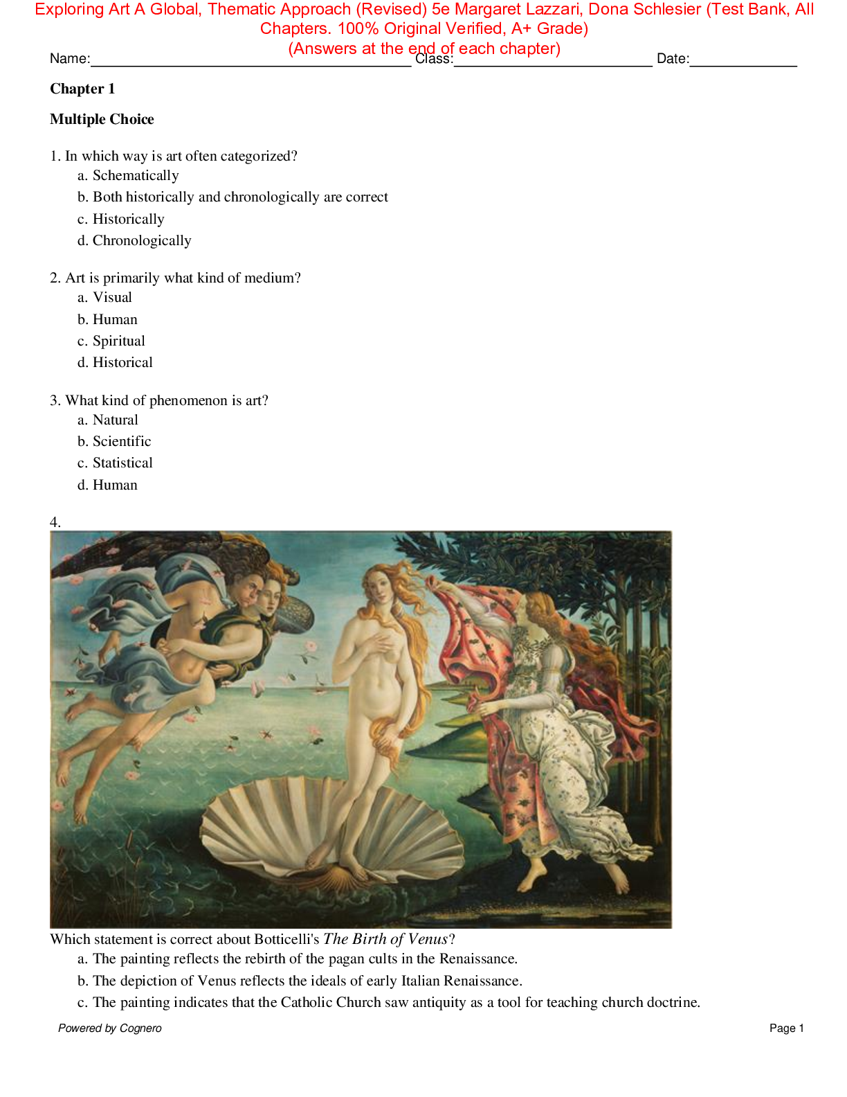 Exploring Art A Global, Thematic Approach (Revised) 5e Margaret Lazzari, Dona Schlesier | Test Bank All Chapters 1-15
