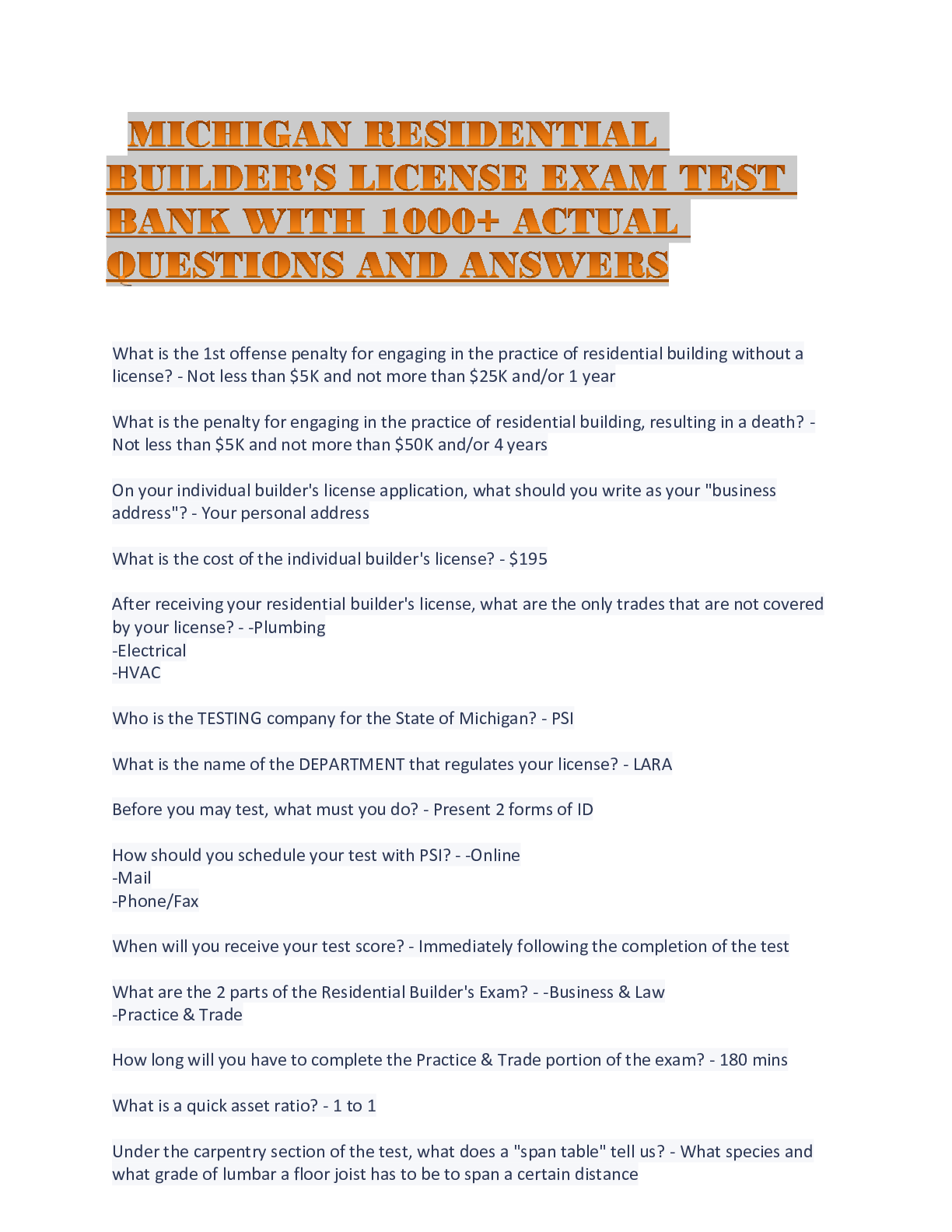 Preview of MICHIGAN RESIDENTIAL BUILDER'S LICENSE EXAM TEST BANK WITH 1000+ ACTUAL QUESTIONS AND ANSW