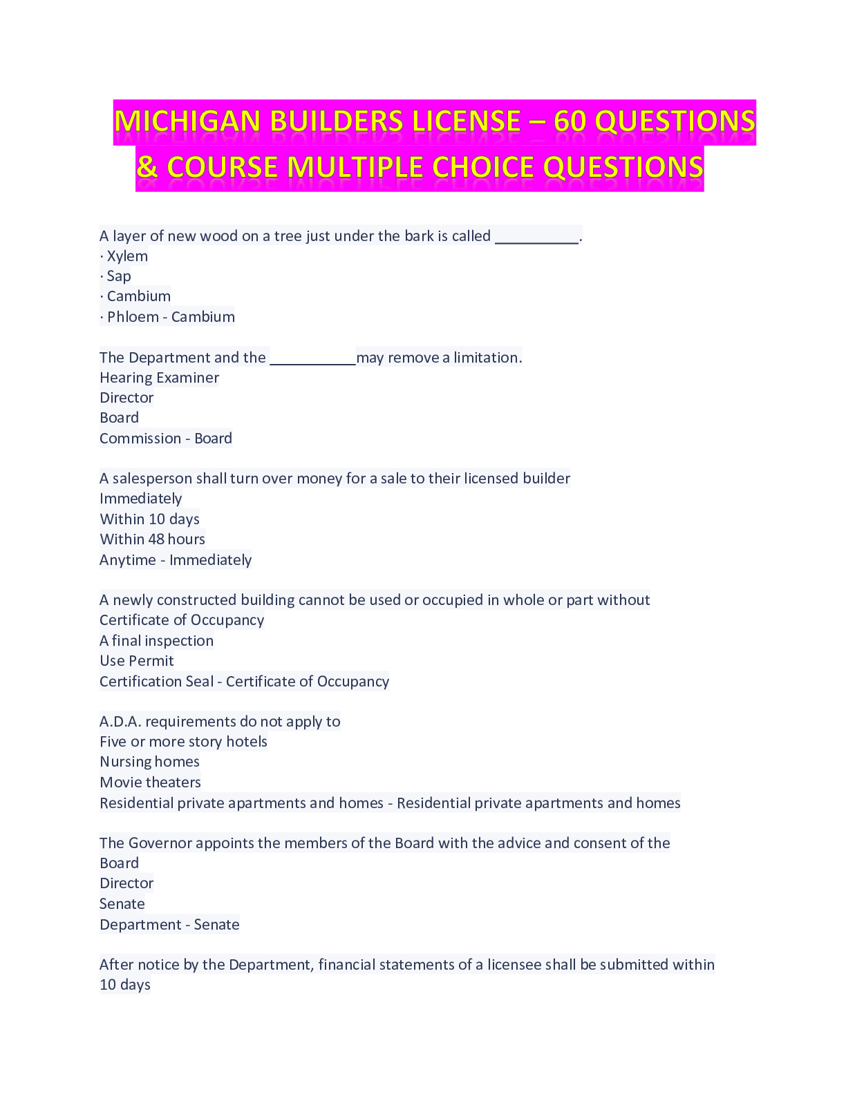 Preview of MICHIGAN BUILDERS LICENSE – 60 QUESTIONS & COURSE MULTIPLE CHOICE QUESTIONS