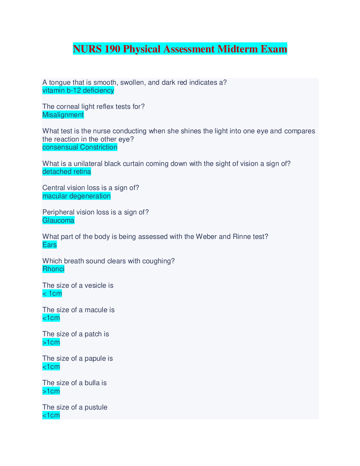 Preview image of NURS 190 Physical Assessment Midterm Exam document