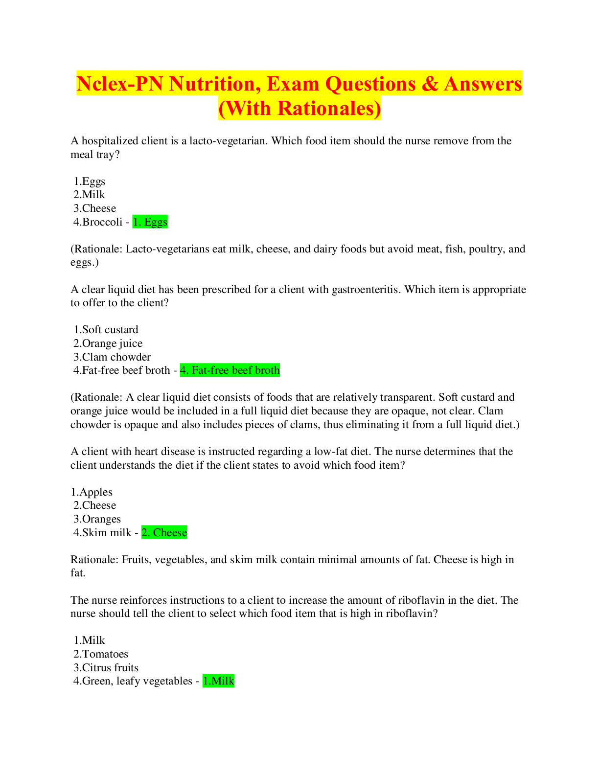 Preview of Nclex-PN Nutrition Full Exam 2023, Questions &amp; Answers (With Rationales) All Correct