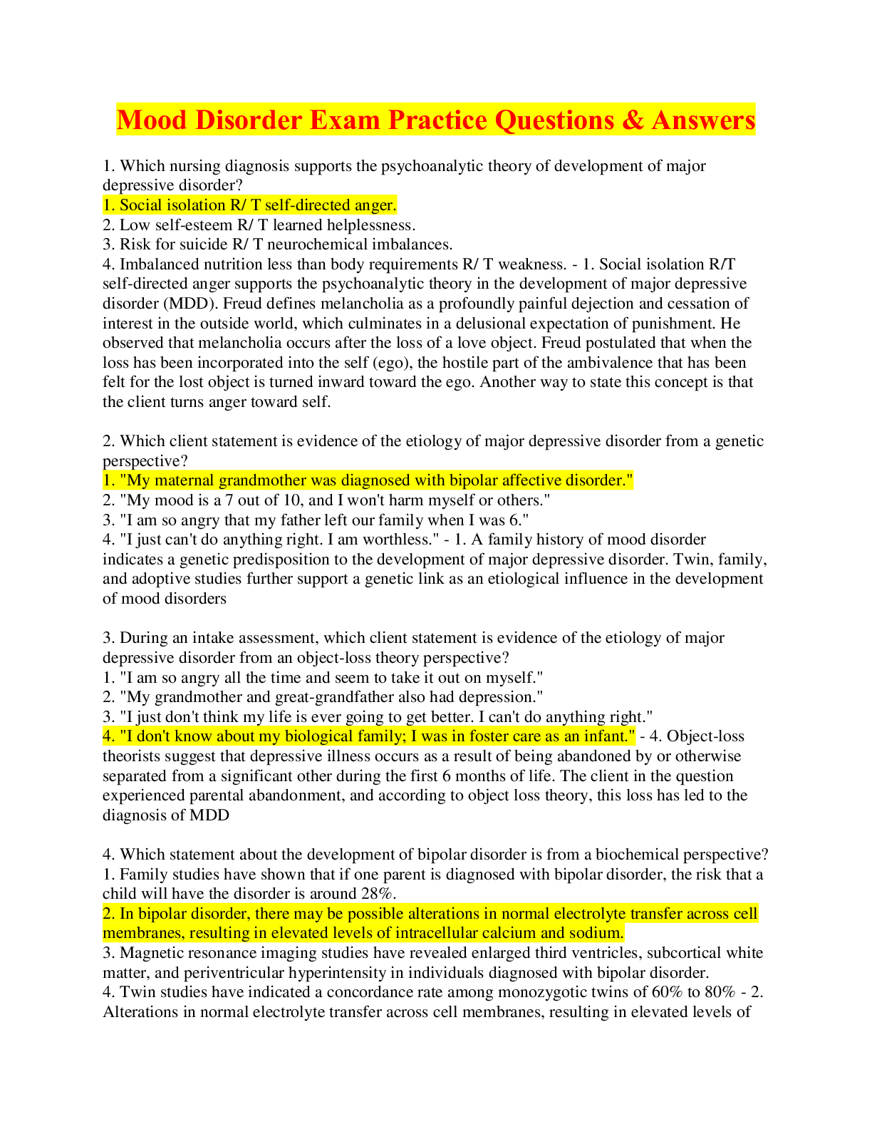 Preview of Mood Disorder Exam Practice Questions &amp; Answers