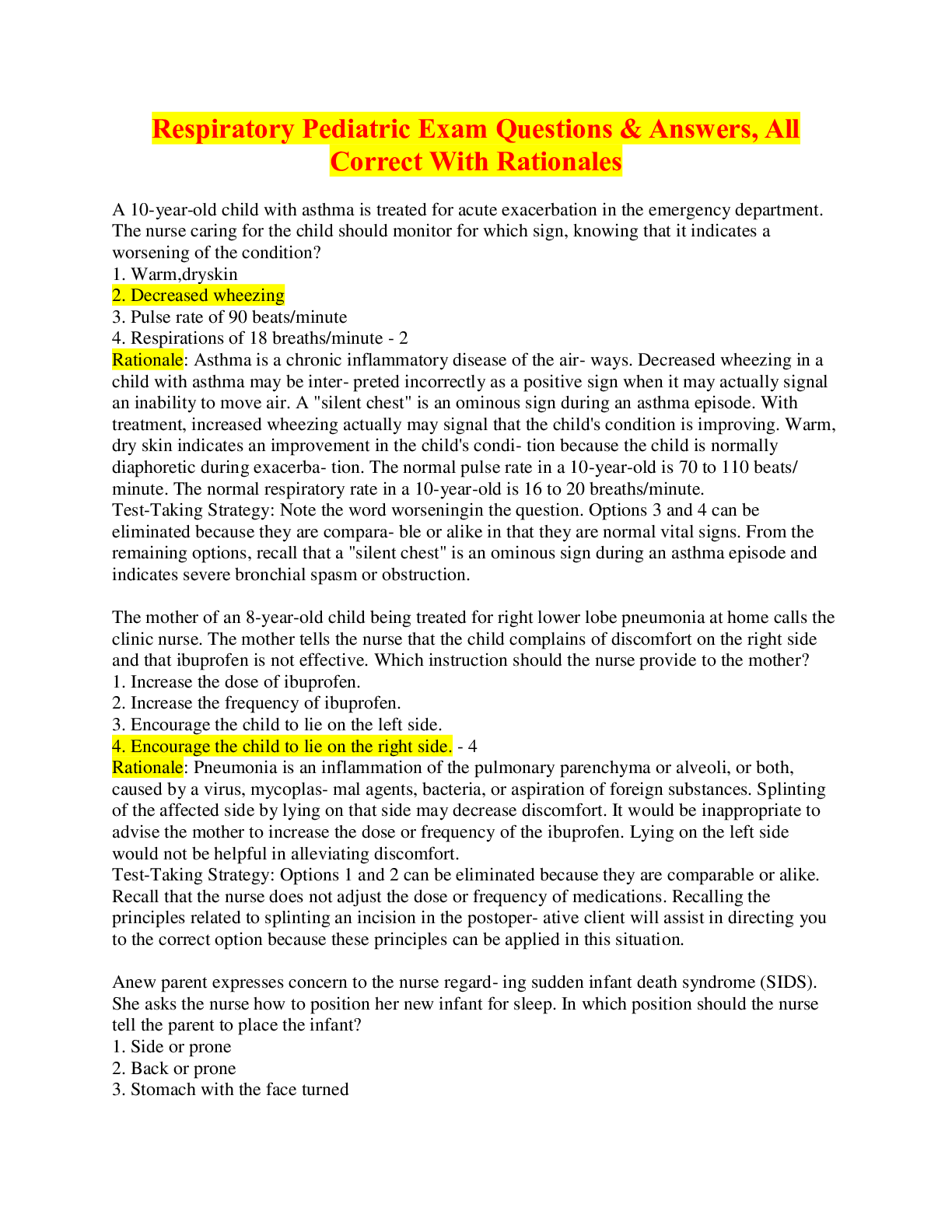 Preview image for Respiratory Pediatric Exam Questions & Answers, All Correct With Rationales