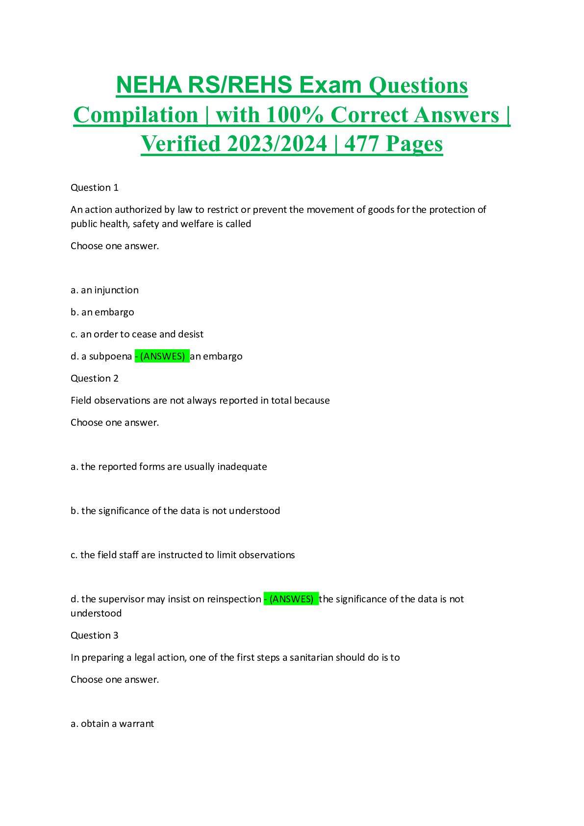 Preview image for NEHA RS/REHS Exam Questions Compilation | with 100% Correct Answers | Verified 2023/2024 | 477 Pages