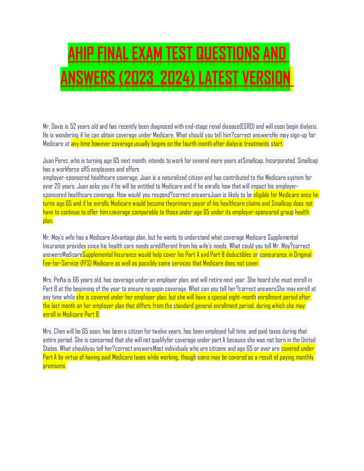 Preview of AHIP FINAL EXAM TEST QUESTIONS AND ANSWERS (2023_2024) LATEST VERSION