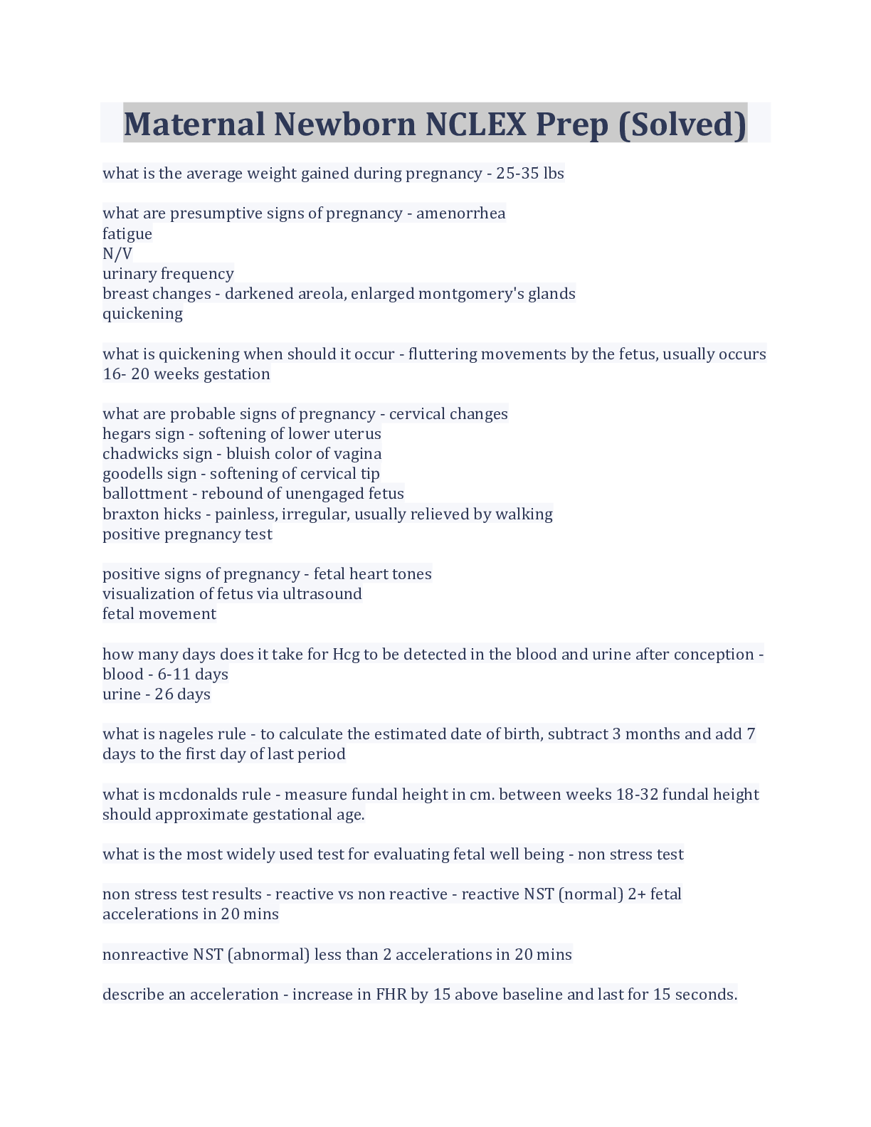 Preview image of Maternal Newborn NCLEX Prep (Solved) document