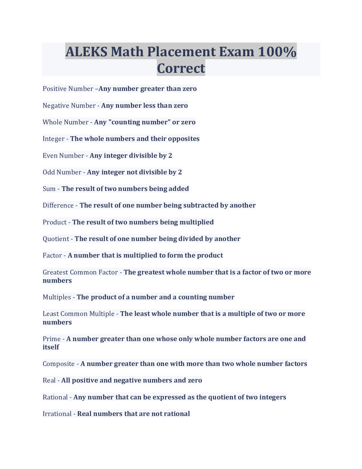 Preview image of ALEKS Math Placement Exam 100% Correct document