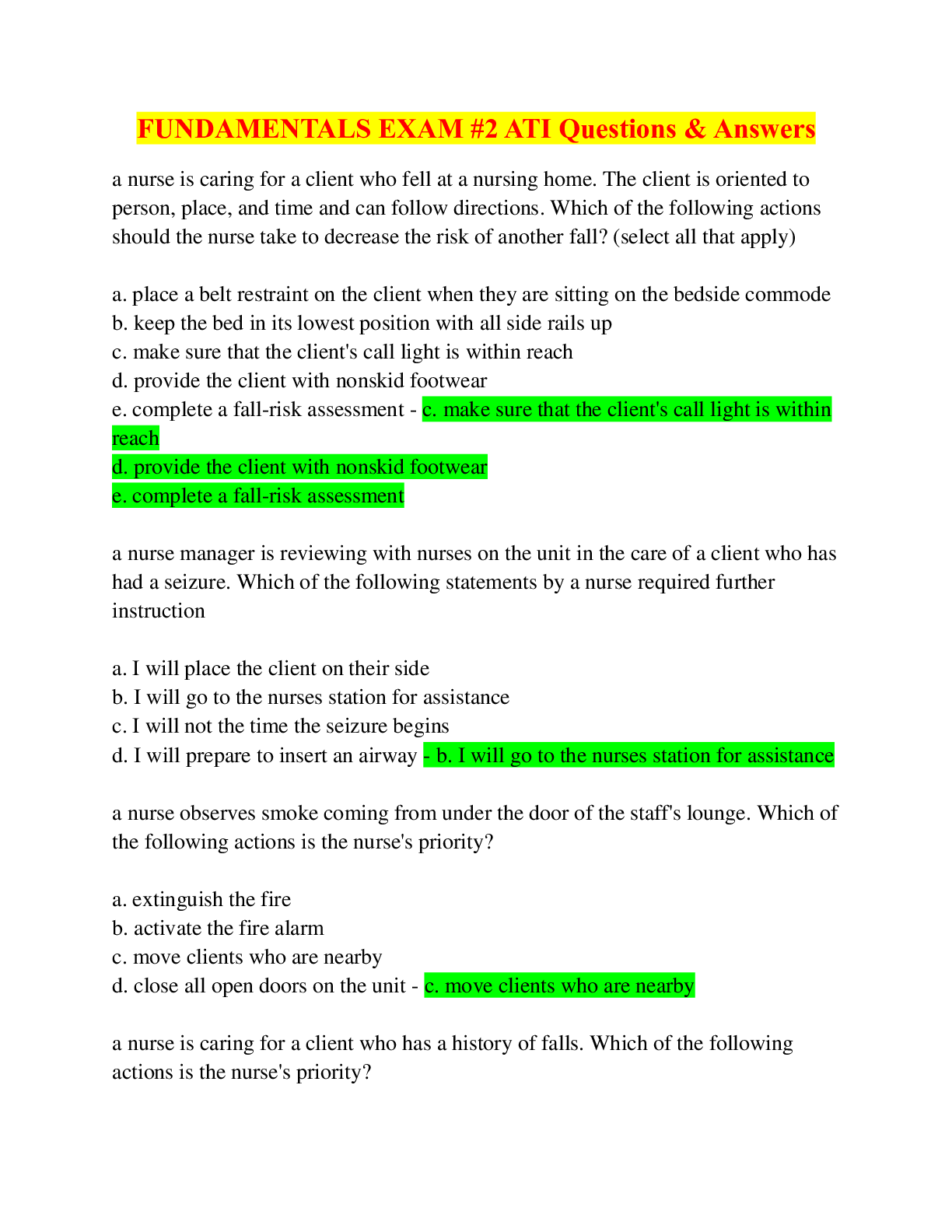 FUNDAMENTALS EXAM #2 ATI Questions & Answers