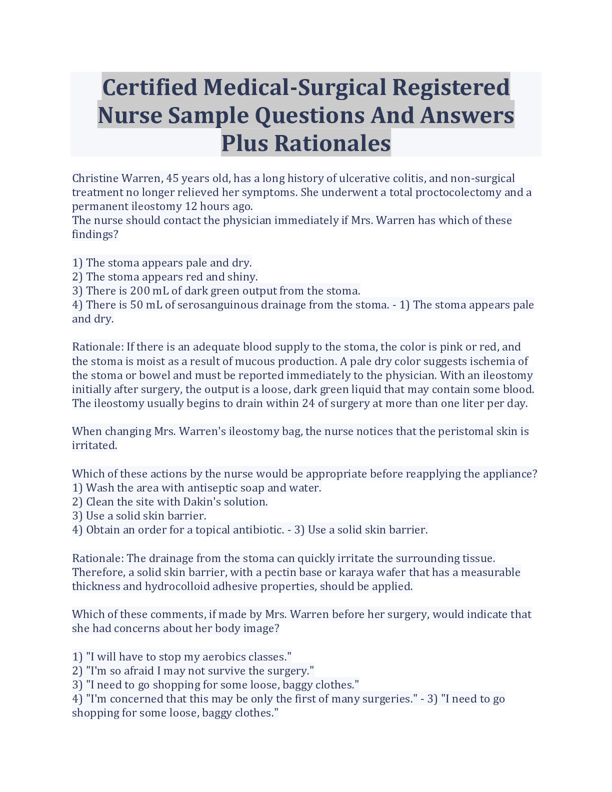 Preview of Certified Medical-Surgical Registered Nurse Sample Questions And Answers Plus Rationales