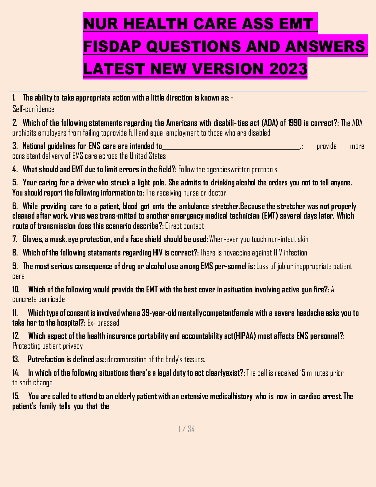 Preview of NUR HEALTH CARE ASS EMT FISDAP QUESTIONS AND ANSWERS LATEST NEW VERSION 2023