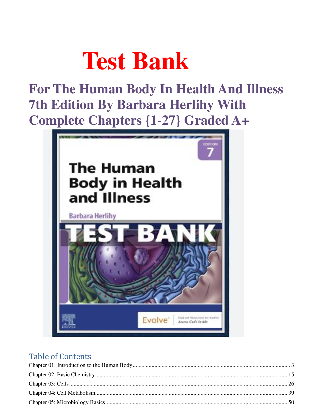 Preview image for Test Bank  For The Human Body In Health And Illness 7th Edition By Barbara Herlihy With Complete Chapters {1-27} Graded A+