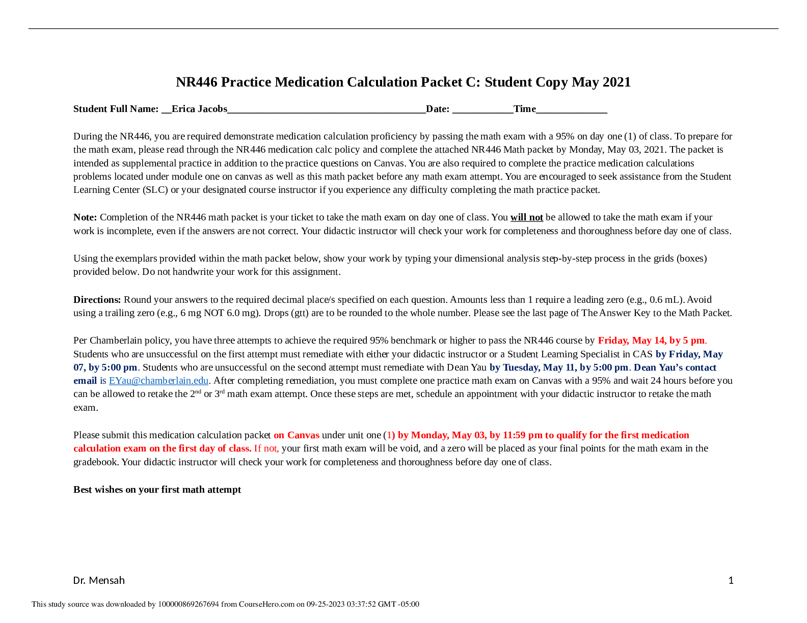 Preview image of NR446 Math Practice Packet C Before First Attempt Student Copy May 2021 document