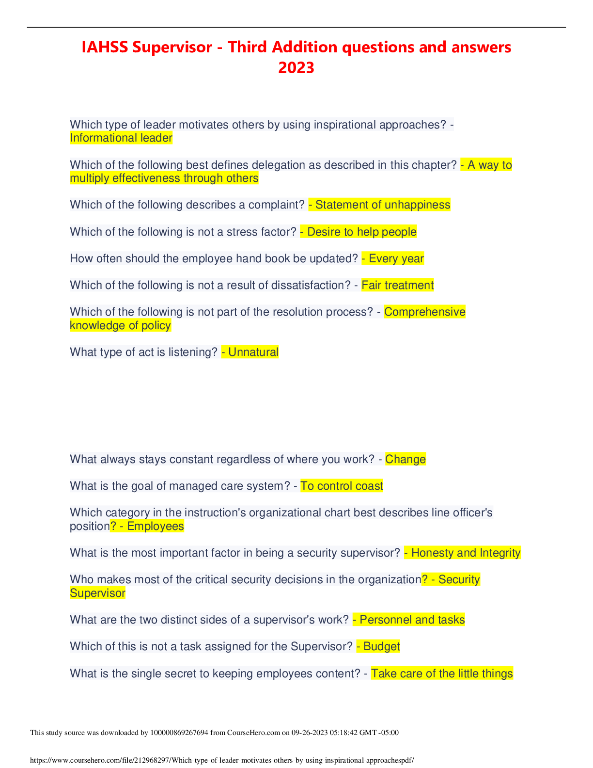 Preview image of IAHSS Supervisor - Third Addition questions and answers2023 document