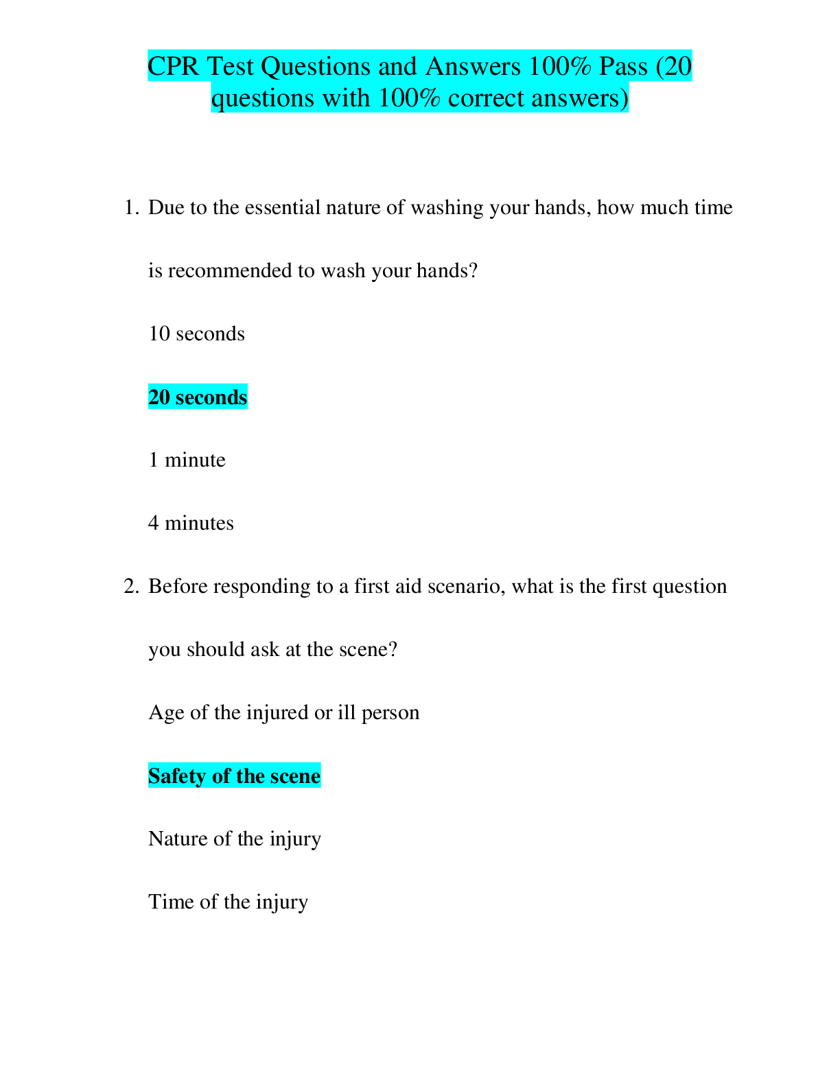 Preview of CPR Test Questions and Answers 100% Pass (20questions with 100% correct answers)