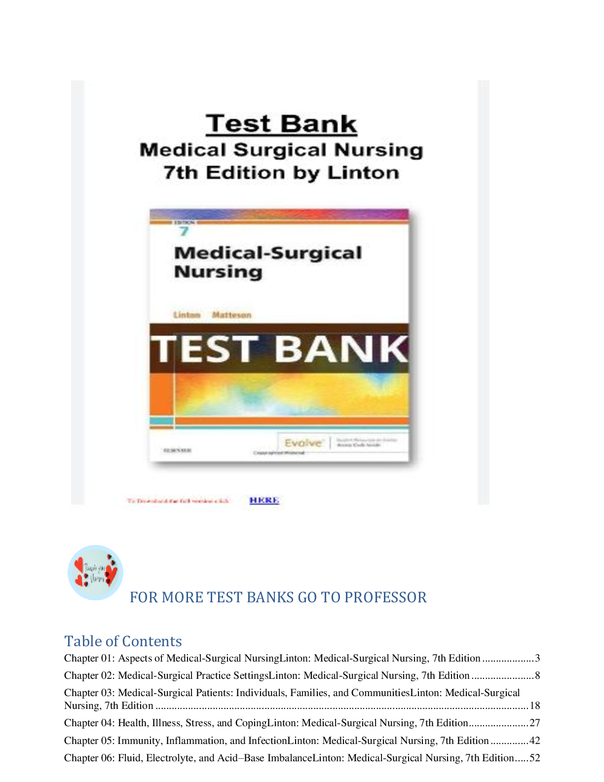 Preview image for Test Bank For Medical Surgical Nursing 7th Edition By Linton With Complete Chapters [1-63] Graded A+ With 100% Correct Q&A
