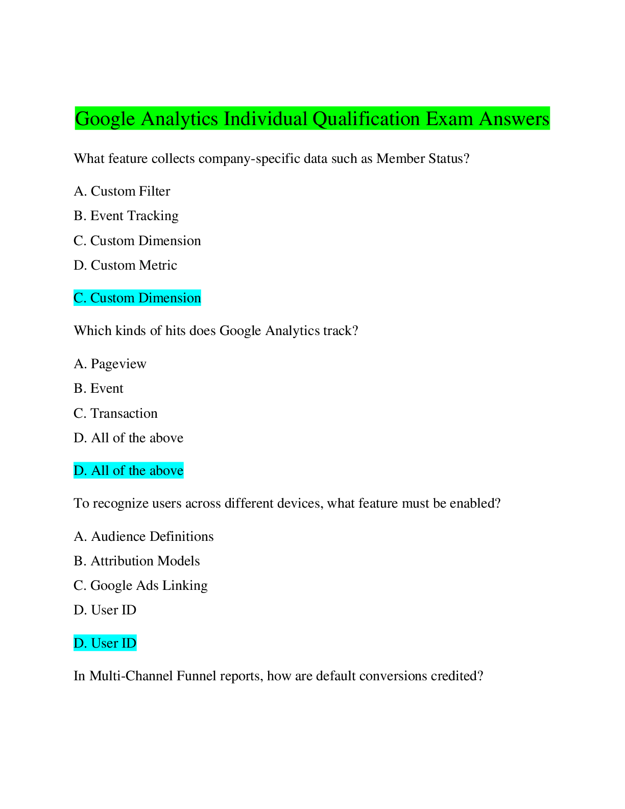 Preview image of Google Analytics Individual Qualification Exam Answers document