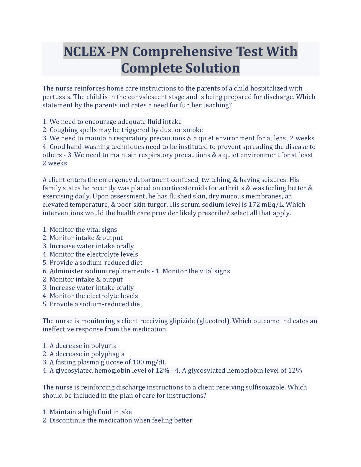 Preview image of NCLEX-PN Comprehensive Test With Complete Solution document