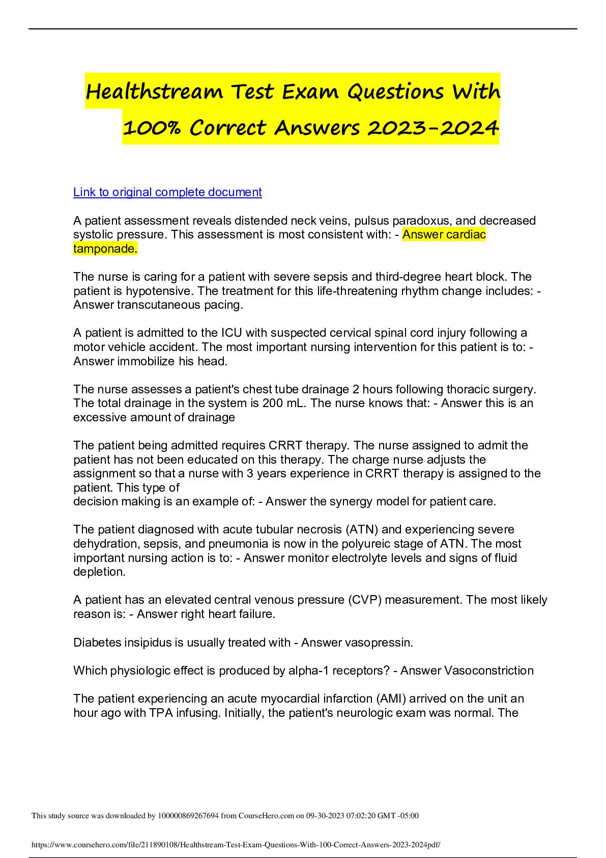 Preview of Healthstream Test Exam Questions With100% Correct Answers 2023-2024