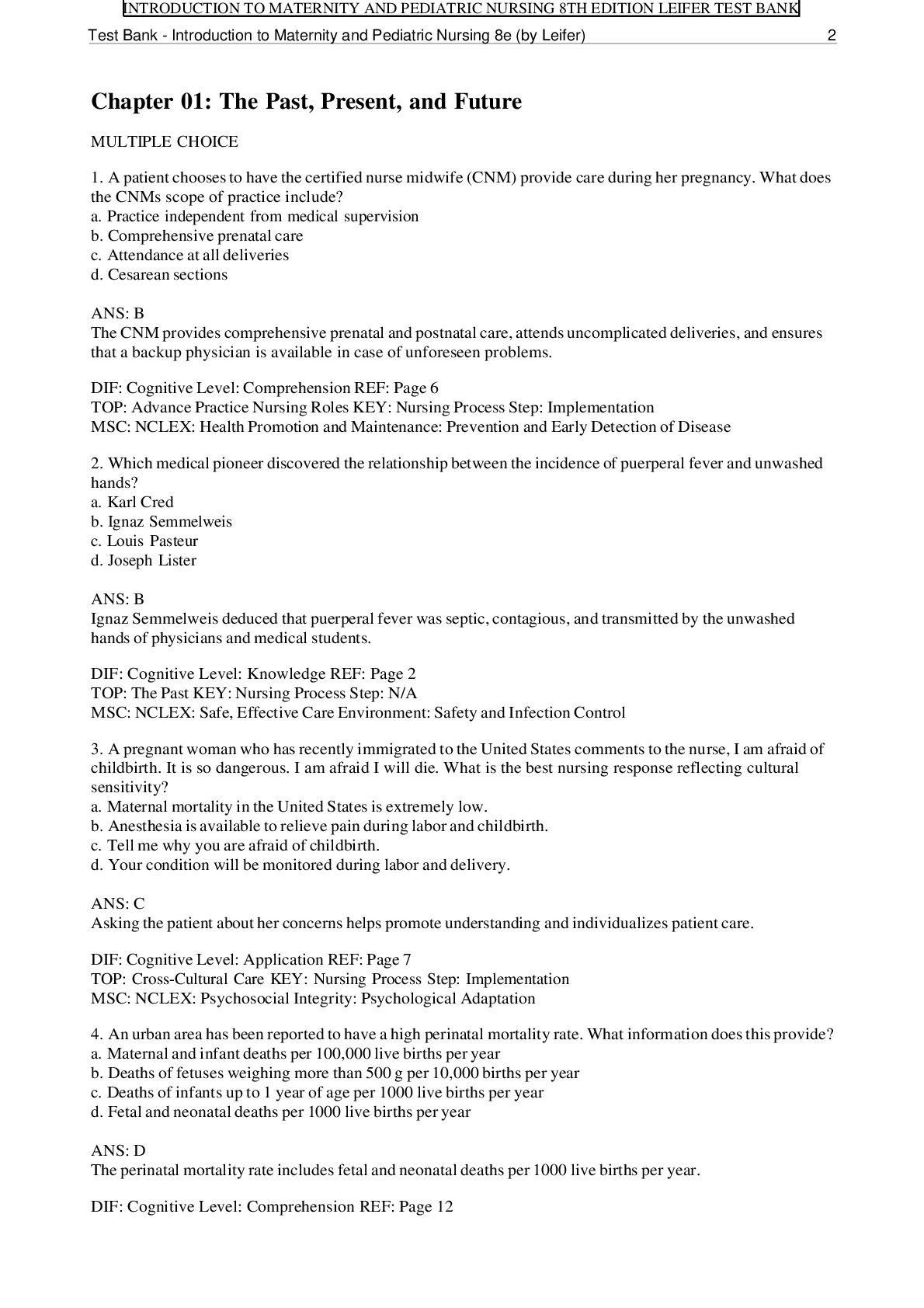 Preview image for Introduction to Maternity and Pediatric Nursing, 8th Edition Leifer Test bank |CHAPTER 1-34 VERIFIED