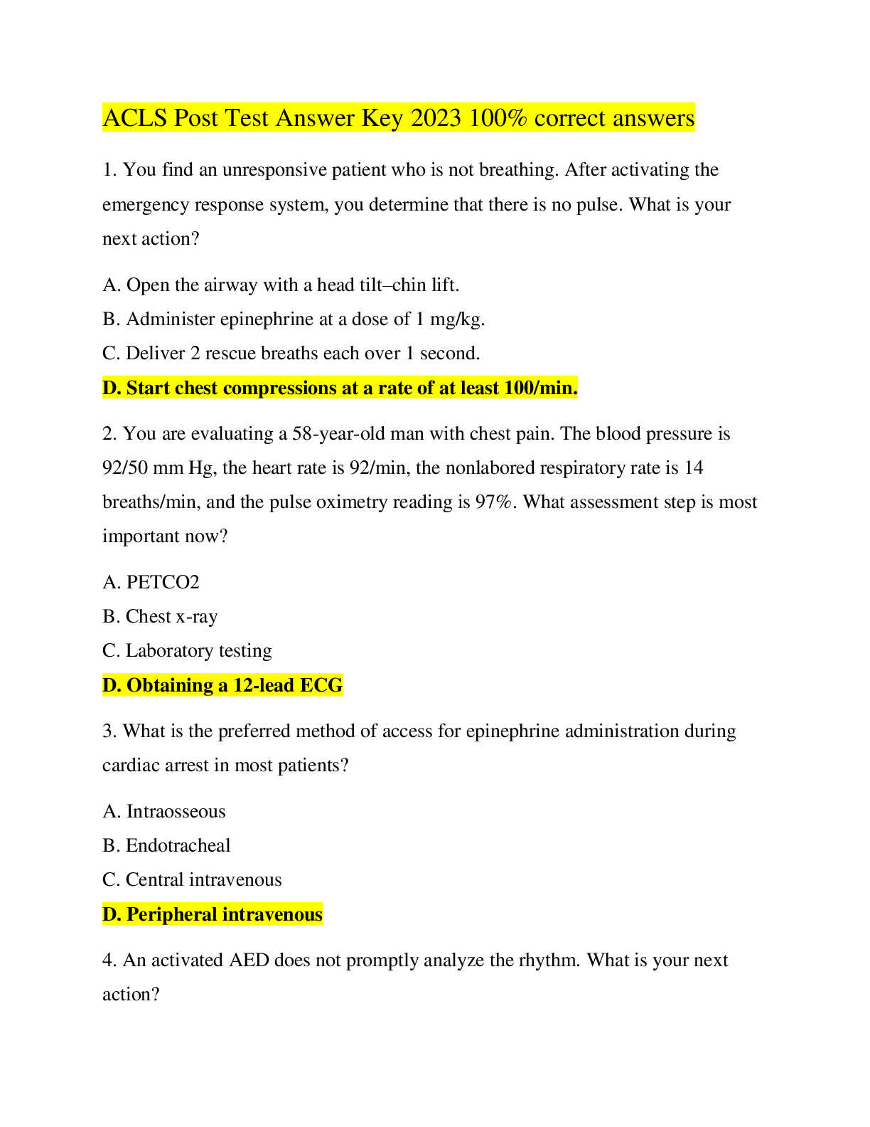 ACLS Post Test Answer Key 2023
