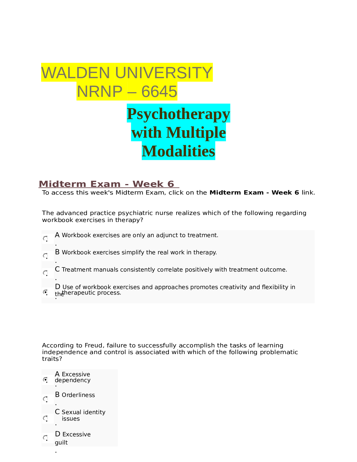 Preview of NRNP 6645 Psychotherapy with Multiple Modalities Complete Exam 20232024