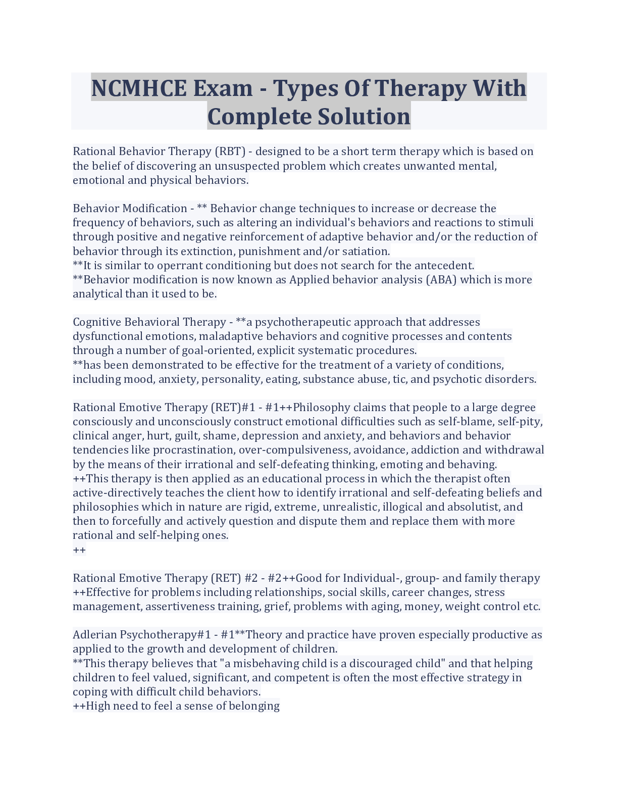 Preview image of NCMHCE Exam - Types Of Therapy With Complete Solution document