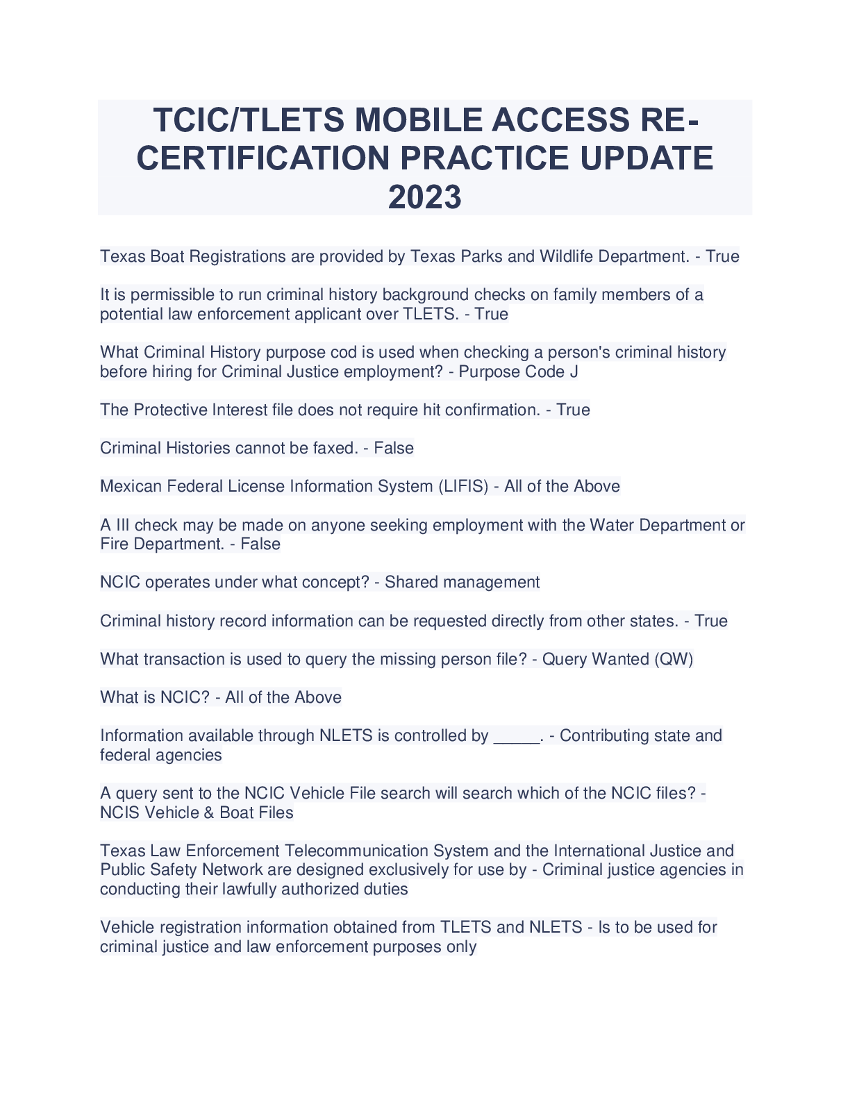Recommended document preview for TCICTLETS MOBILE ACCESS RE-CERTIFICATION PRACTICE UPDATE2023