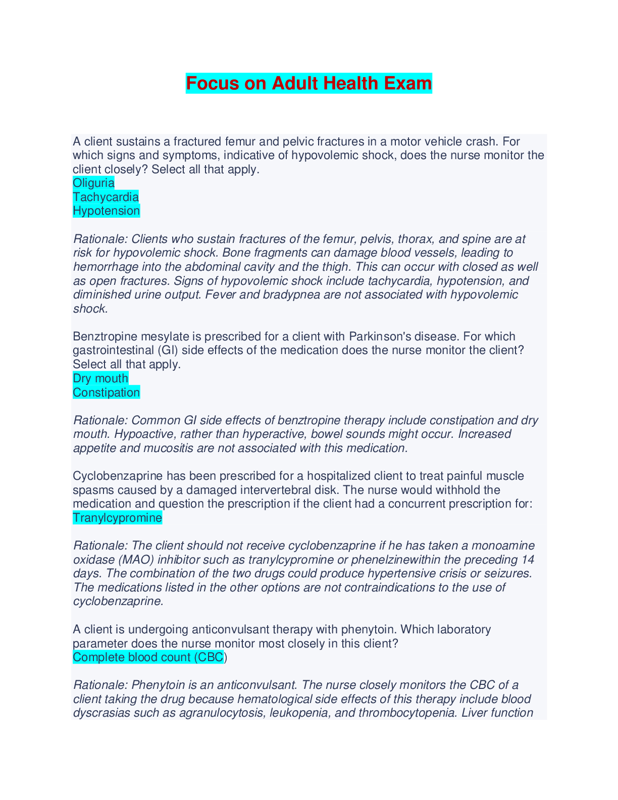 Preview of Focus on Adult Health Exam - Questions, Answers and Rationales
