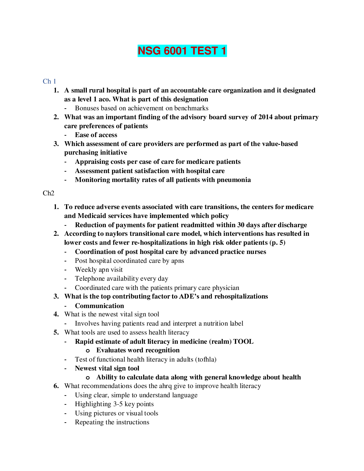 NSG 6001 TEST 1 - QUESTIONS AND ANSWERS