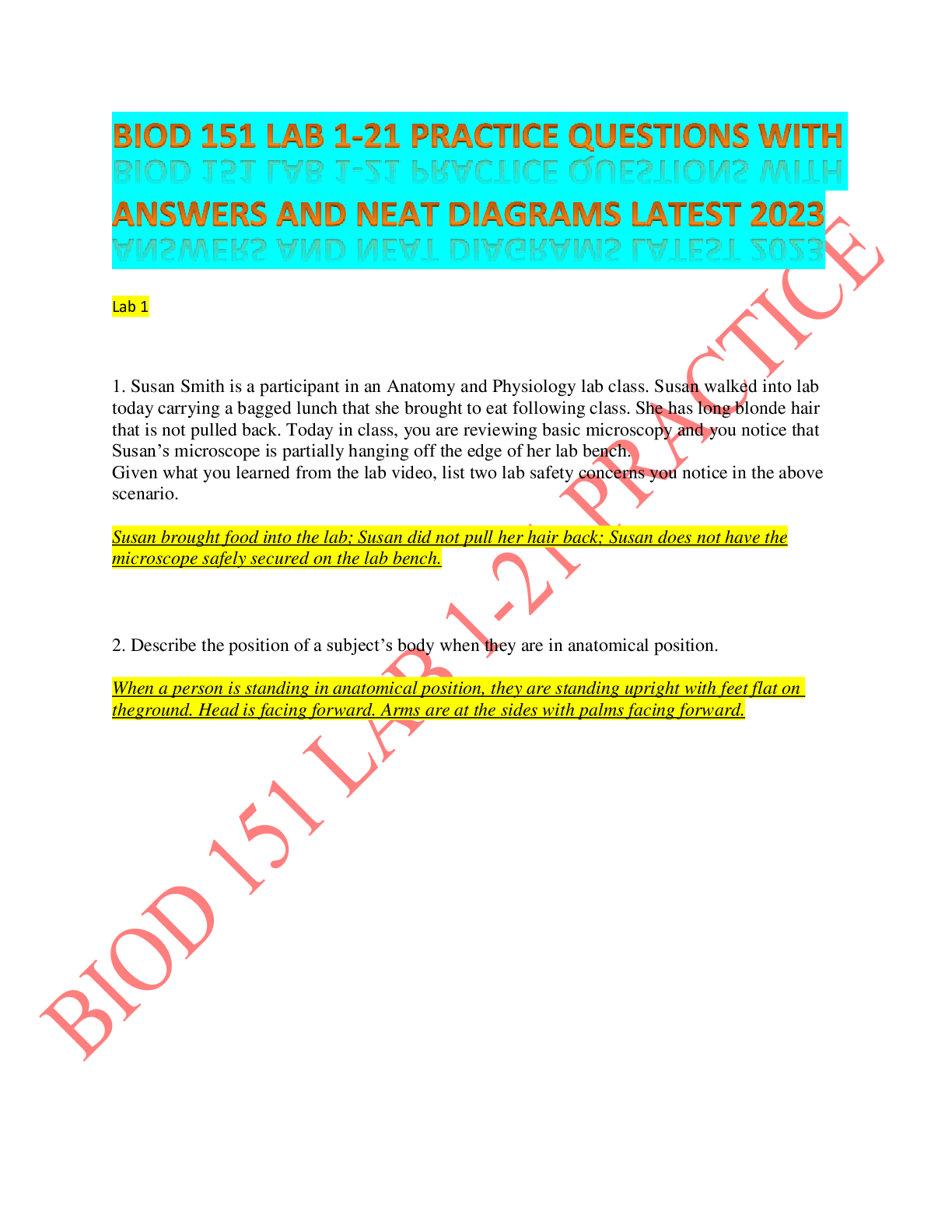 Preview of BIOD 151 LAB 1-21 PRACTICE QUESTIONS WITH ANSWERS AND NEAT DIAGRAMS LATEST 2023