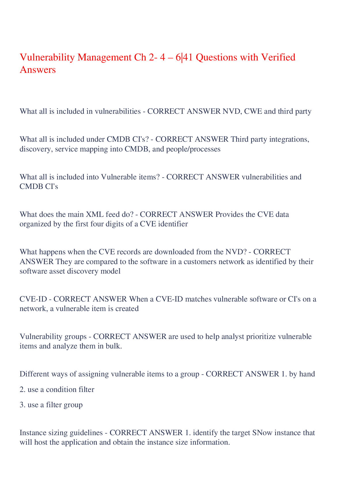 Preview image of Vulnerability Management Ch 2- 4 – 6|41 Questions with Verified Answers,100% CORRECT document