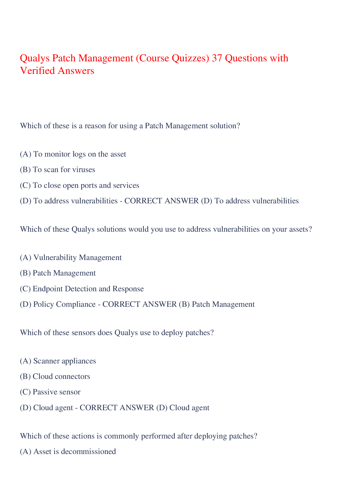 Preview image of Qualys Patch Management (Course Quizzes) 37 Questions with Verified Answers,100% CORRECT document