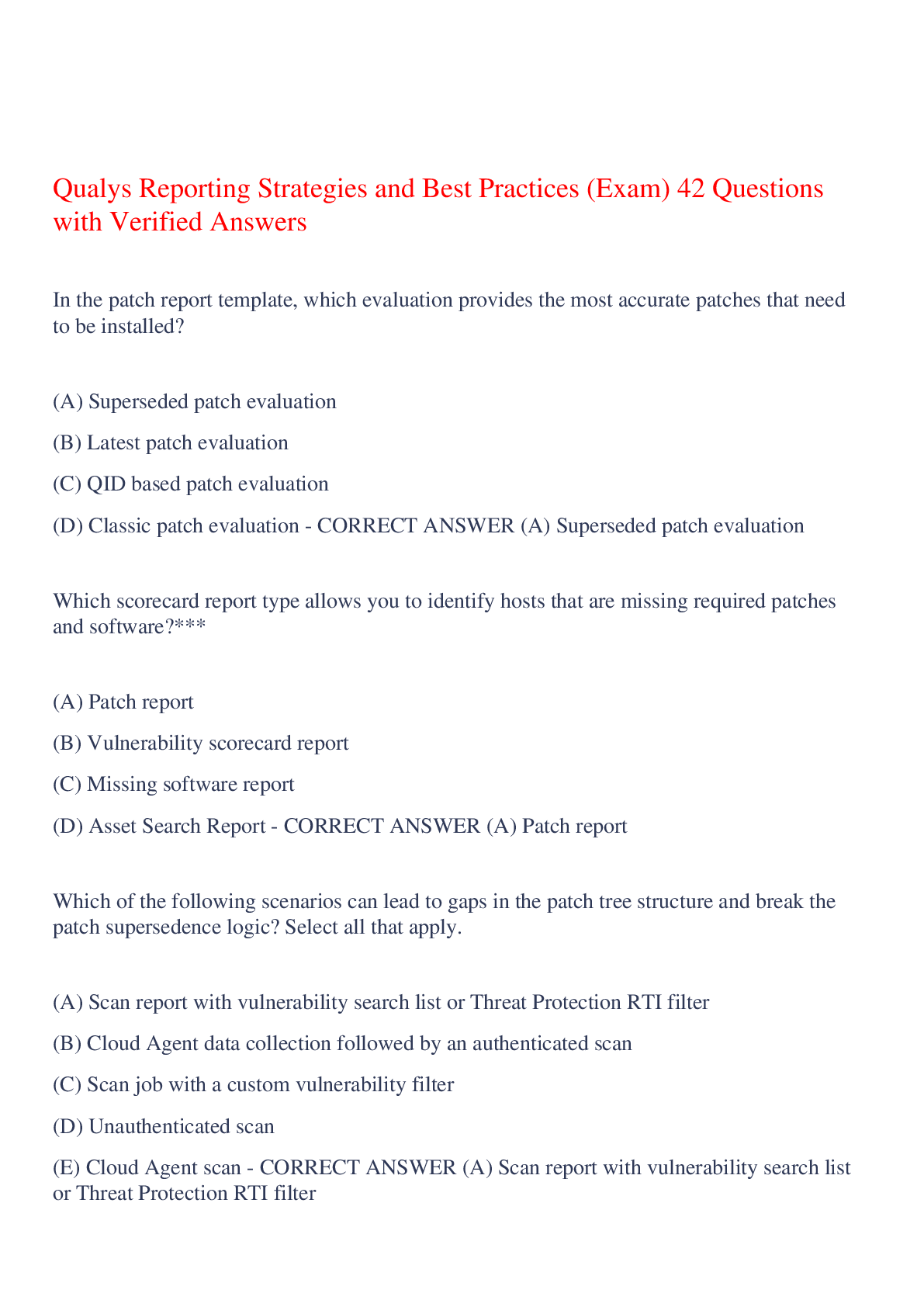 Preview image of Qualys Reporting Strategies and Best Practices (Exam) 42 Questions with Verified Answers ,100% CORRECT document