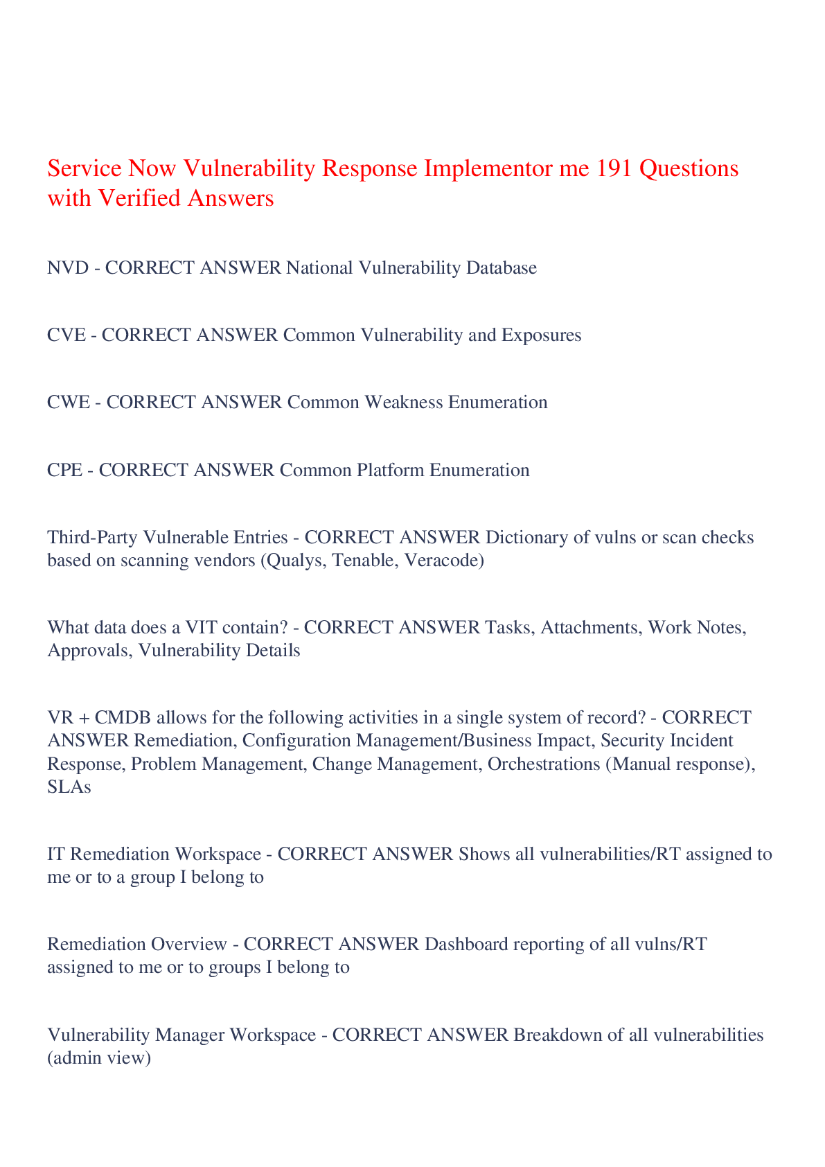 Preview image of Service Now Vulnerability Response Implementor me 191 Questions with Verified Answers,100% CORRECT document