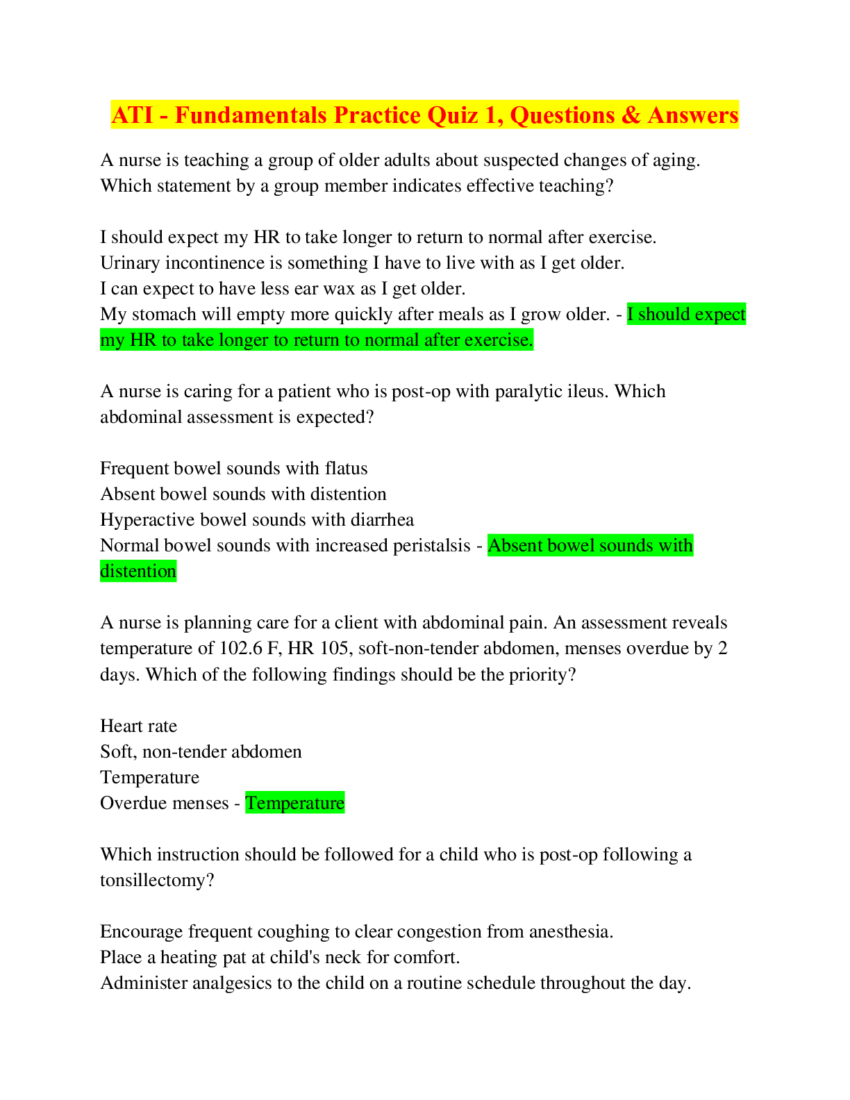 Preview of ATI - Fundamentals Practice Quiz 1, Questions &amp; Answers