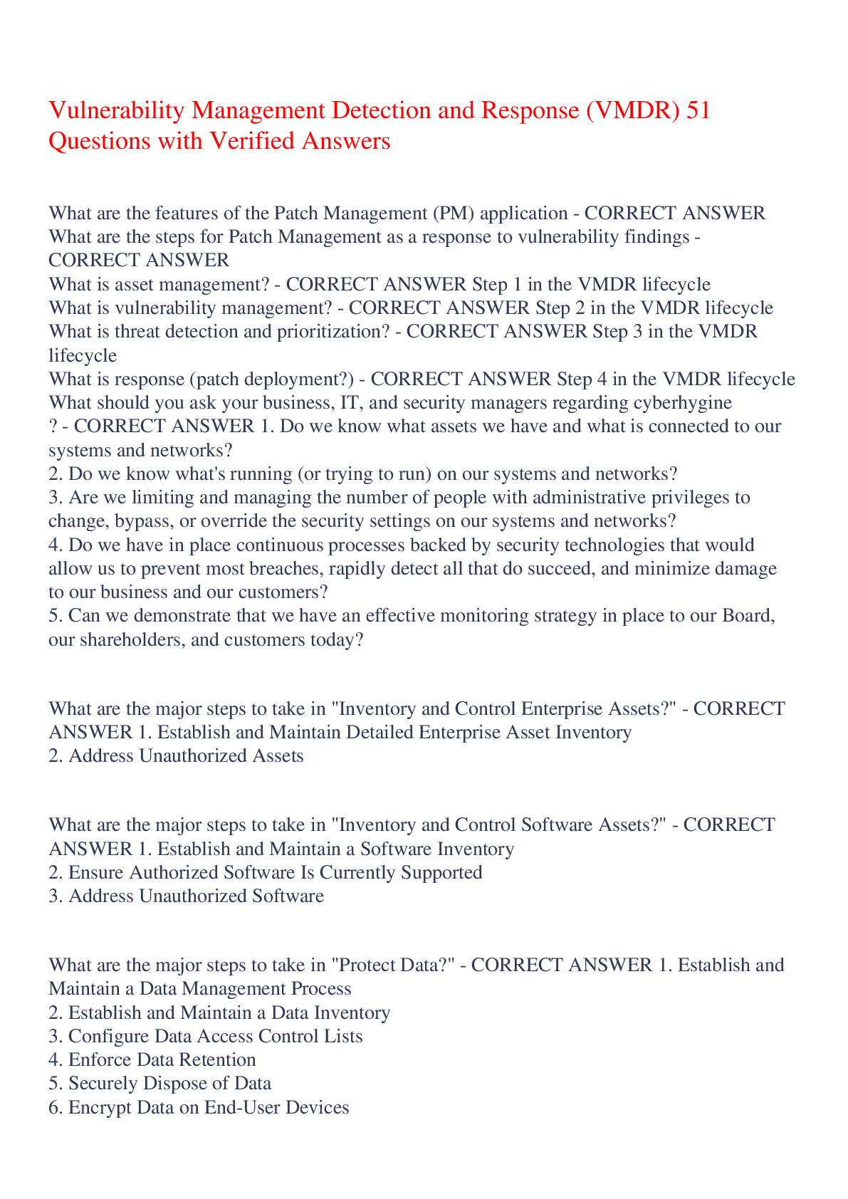 Preview image of Vulnerability Management Detection and Response (VMDR) 51 Questions with Verified Answers,100% CORRECT document