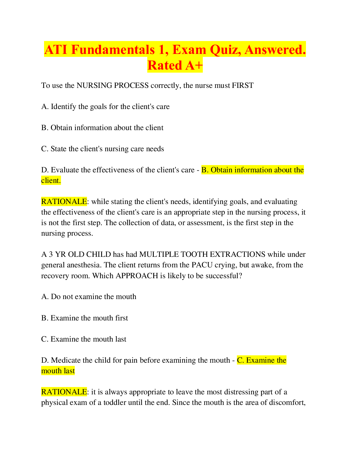 Preview image for ATI Fundamentals 1, Exam Quiz, Answered With Rationales. Rated A+