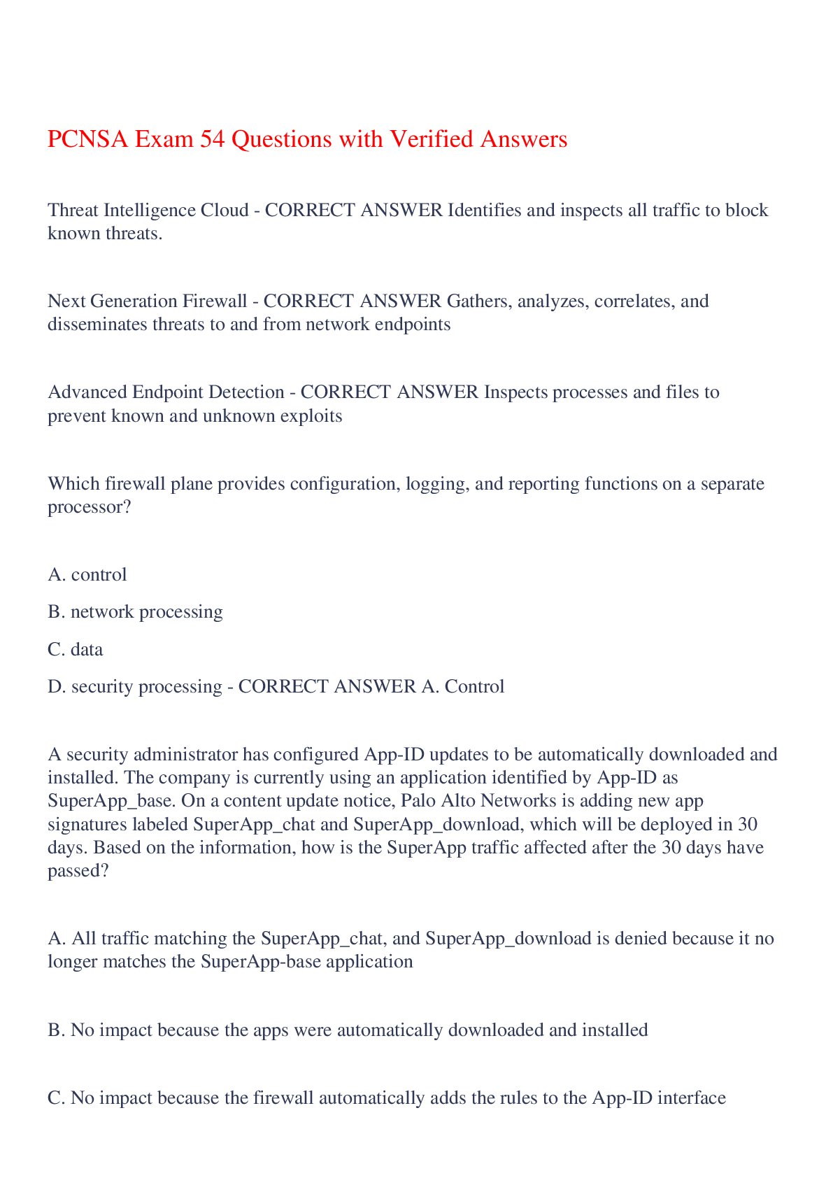 Preview image of PCNSA Exam 54 Questions with Verified Answers,100% CORRECT document