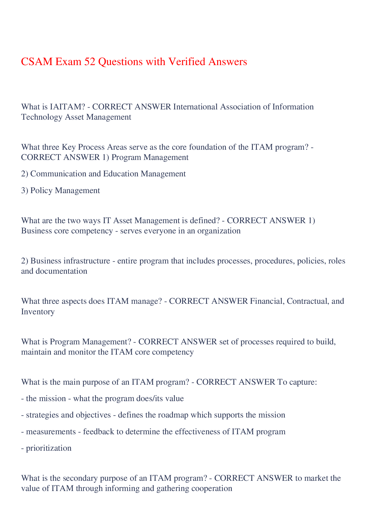 Preview image of CSAM Exam 52 Questions with Verified Answers,100% CORRECT document
